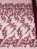 Plant Cluster Fabric - Burgundy - Beaded Embroidered Leaf Plant Design on Lace Mesh By Yard