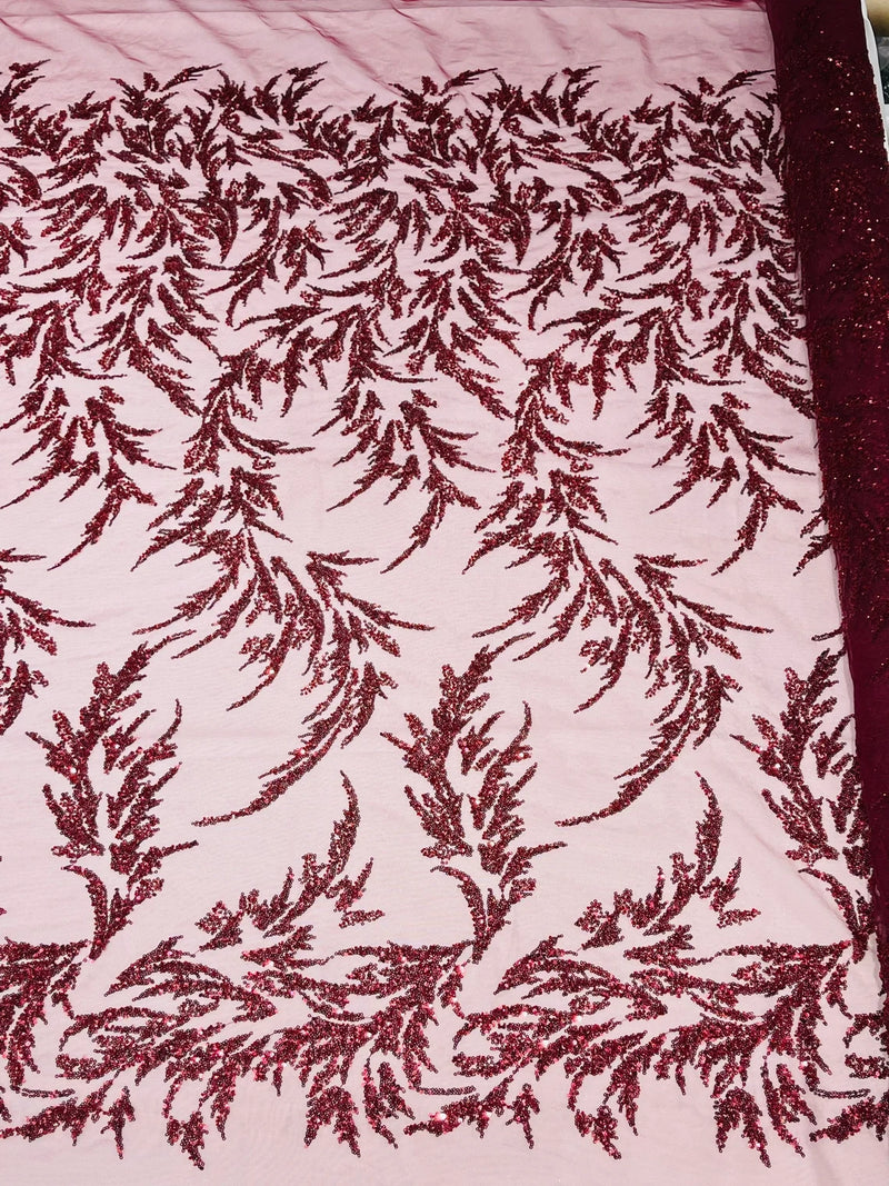 Plant Cluster Fabric - Burgundy - Beaded Embroidered Leaf Plant Design on Lace Mesh By Yard