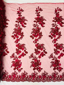 3D Rose Plant Fabric - Burgundy - Embroidered Flower Design Rose Fabric Sold by Yard