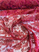 Holographic Floral Lace - Burgundy - Flower Sequins Lace Design w/ Metallic Thread by Yard