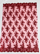 Floral Cluster Lace Fabric - Burgundy - Embroidered Flowers With Sequins on a Mesh Lace Fabric Sold By Yard