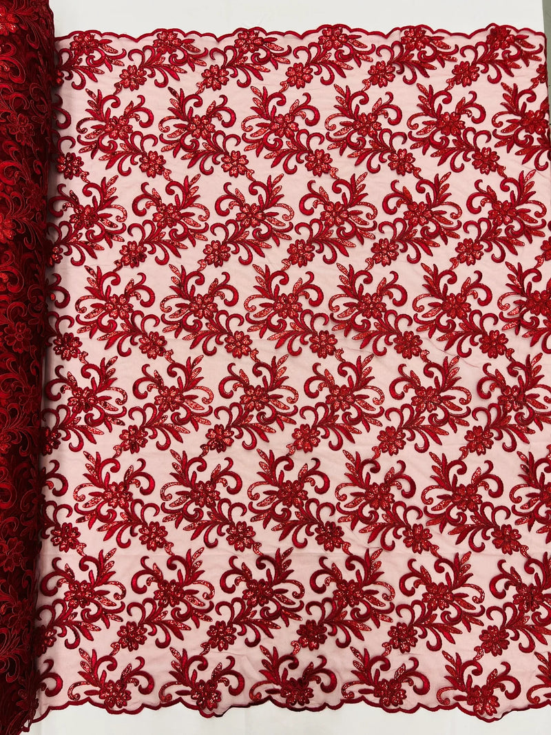 Small Flower Plant Fabric - Burgundy - Floral Embroidered Design on Lace Mesh By Yard