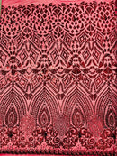 Geometric Design Fabric - Burgundy- 4 Way Stretch Embroidered Design Sequins Fabric By Yard