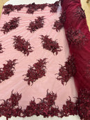 3D Floral Clusters - Burgundy - Embroidered Flowers Beads Rhinestones On Lace Yard