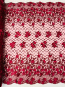 3D Triangle Floral Pearl Fabric - Burgundy - 3D Embroidered Floral Design on Lace Mesh By Yard