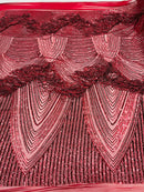 Fringe Sequins Design - Burgundy - Fringe Design Embroidered on a  4 Way Stretch Lace Mesh (Pick A Size)