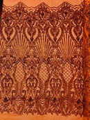 Damask Geometric Sequins - Burnt Orange - 4 Way Stretch Sequins Design Sold By Yard