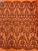 Heart Shape Sequins Fabric - Burnt Orange - 4 Way Stretch Sequins Damask Fabric By Yard