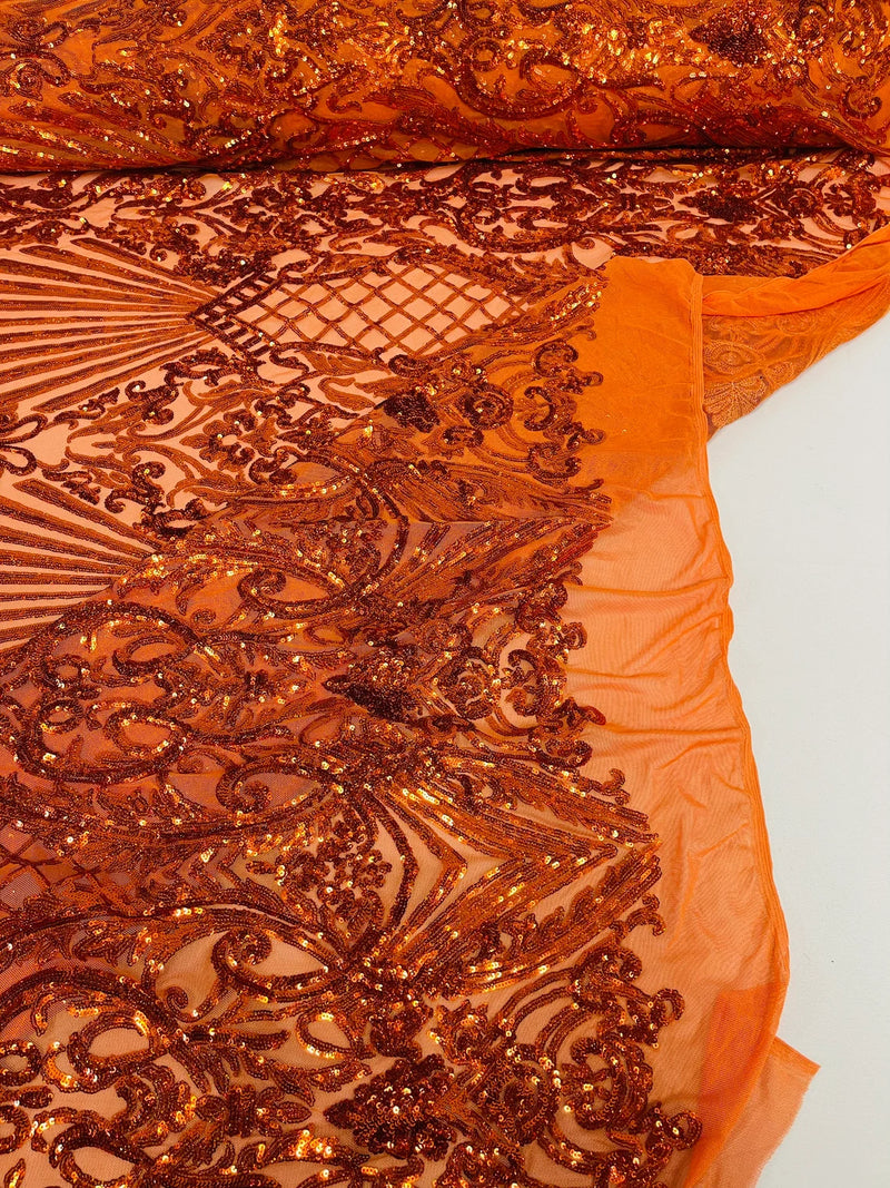 Damask Geometric Sequins - Burnt Orange - 4 Way Stretch Sequins Design Sold By Yard