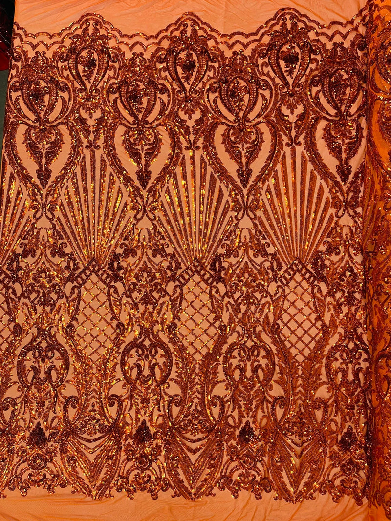 Damask Geometric Sequins - Burnt Orange - 4 Way Stretch Sequins Design Sold By Yard