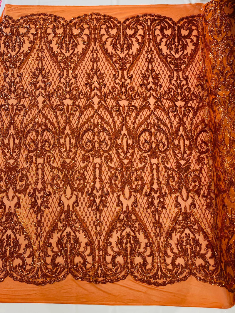 Heart Shape Sequins Fabric - Burnt Orange - 4 Way Stretch Sequins Damask Fabric By Yard