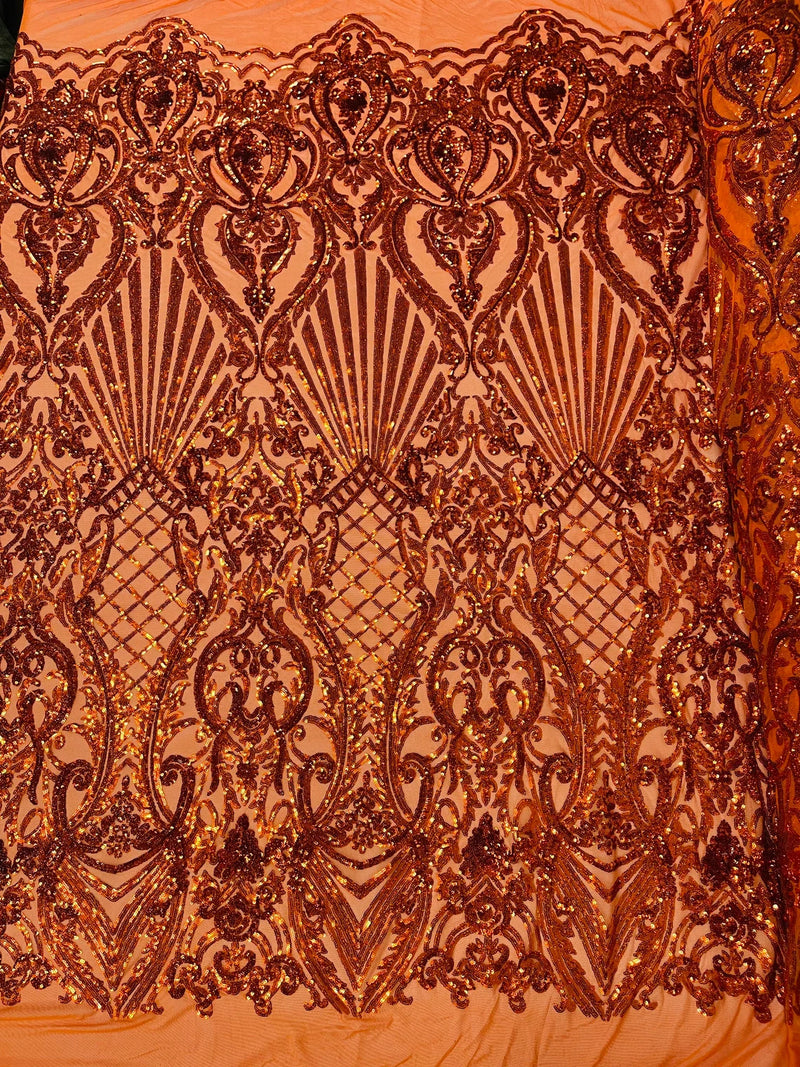 Damask Geometric Sequins - Burnt Orange - 4 Way Stretch Sequins Design Sold By Yard