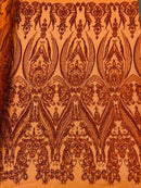 Damask Sequins - Holographic Burnt Orange - Damask Sequin Design on 4 Way Stretch Fabric By Yard