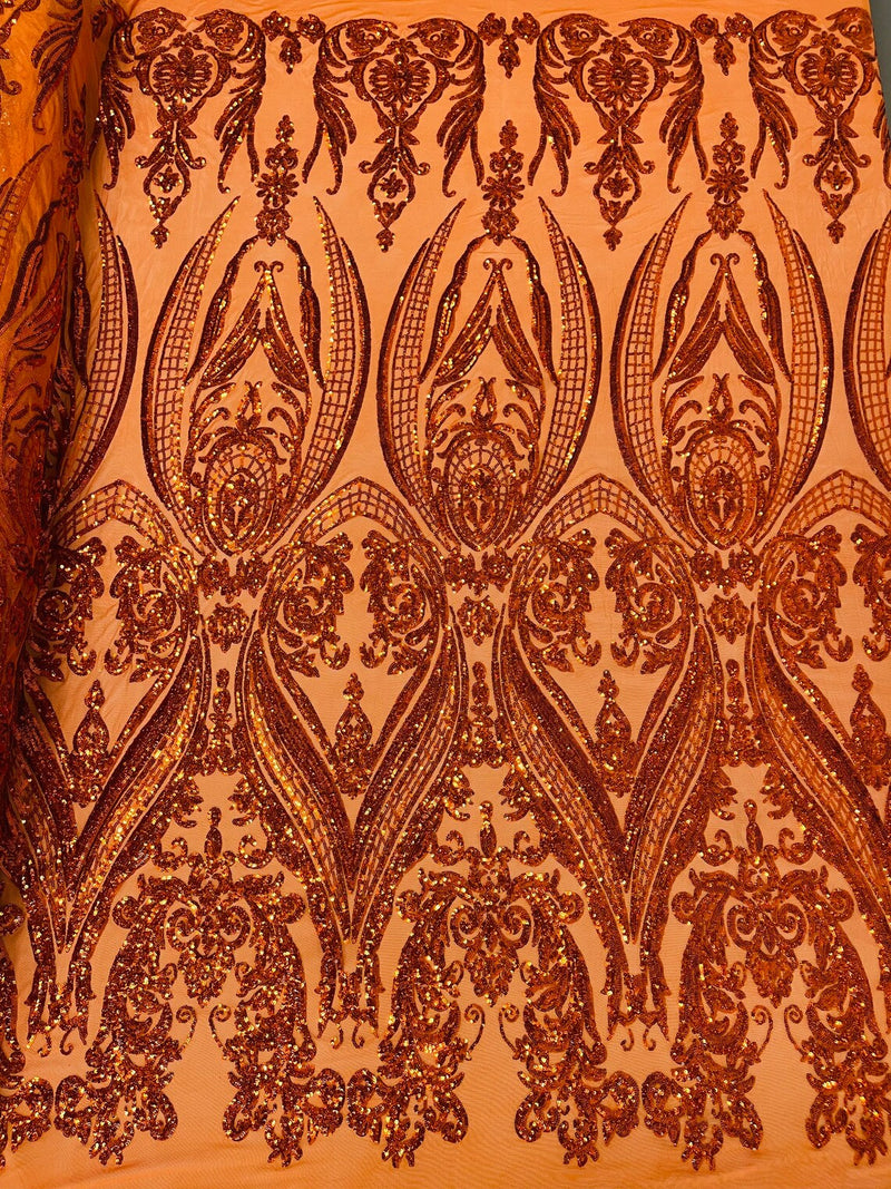 Damask Sequins - Holographic Burnt Orange - Damask Sequin Design on 4 Way Stretch Fabric By Yard