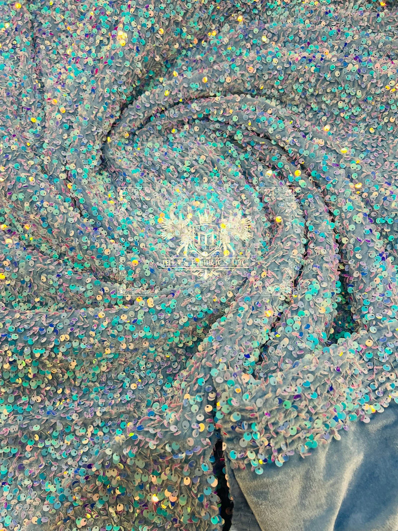 Blue Iridescent Sequins Fabric on Baby Blue Stretch Velvet - By The Yard - All Over Full 5mm Sequins 58”/60