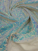 Mini Glitz Sequins - Iridescent Blue on White - Mini Sequins on 4 Way Stretch Mesh Fabric