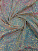 Mini Glitz Sequins - Iridescent Blue/Pink on Nude Mesh - Mini Sequins on 4 Way Stretch Mesh Fabric