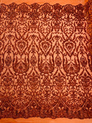 Damask Fancy Pattern Fabric - Burnt Orange - 4 Way Stretch Sequins Prom Design By Yard