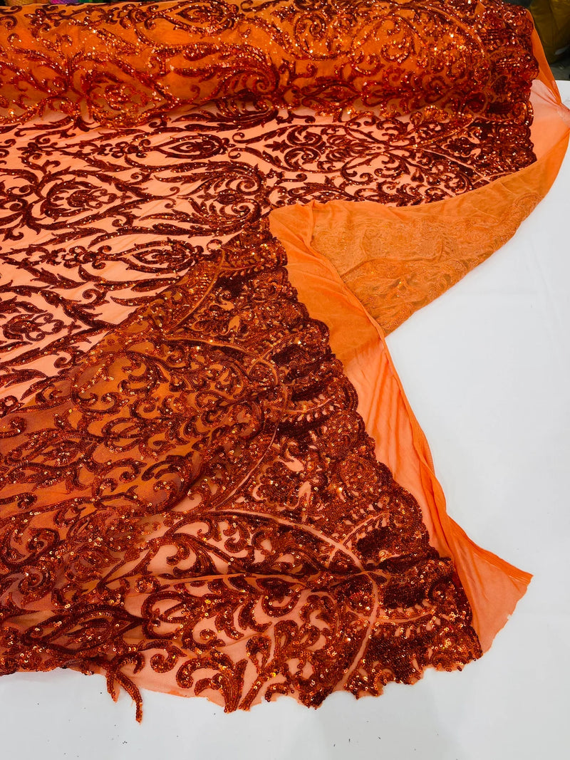 Damask Fancy Pattern Fabric - Burnt Orange - 4 Way Stretch Sequins Prom Design By Yard