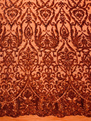 Damask Fancy Pattern Fabric - Burnt Orange - 4 Way Stretch Sequins Prom Design By Yard