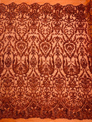 Damask Fancy Pattern Fabric - Burnt Orange - 4 Way Stretch Sequins Prom Design By Yard