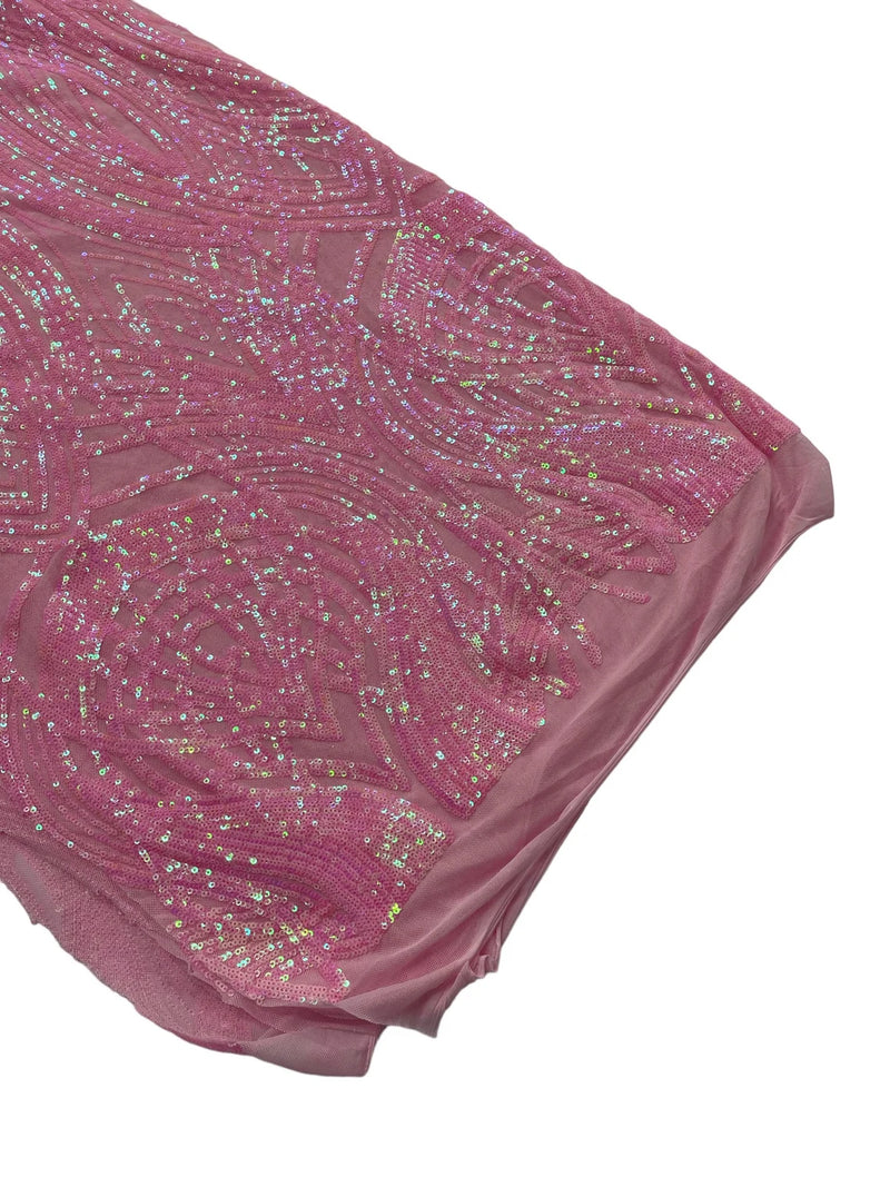 Long Wavy Line Design Sequins - Candy Pink - 4 Way Stretch Sequin Design on Mesh Fabric By Yard