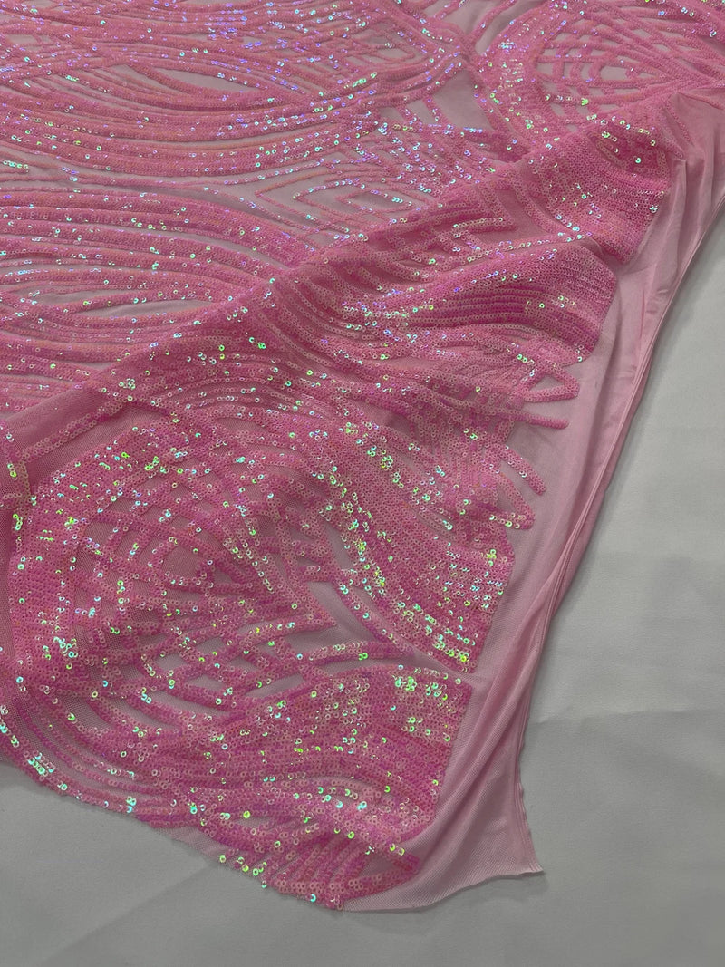 Long Wavy Line Design Sequins - Candy Pink - 4 Way Stretch Sequin Design on Mesh Fabric By Yard