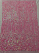 Long Wavy Line Design Sequins - Candy Pink - 4 Way Stretch Sequin Design on Mesh Fabric By Yard