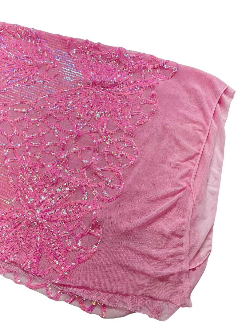 Floral Star Leaf Design - Candy Pink - 4 Way Stretch Sequin Floral Design on Mesh By Yard