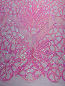 Floral Star Leaf Design - Candy Pink - 4 Way Stretch Sequin Floral Design on Mesh By Yard