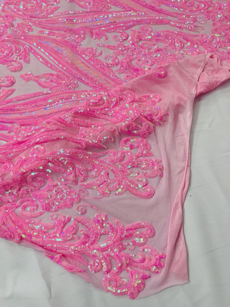Big Damask Sequins - Candy Pink New - Damask Sequin Design on 4 Way Stretch Fabric By Yard