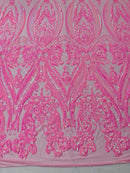 Big Damask Sequins - Candy Pink New - Damask Sequin Design on 4 Way Stretch Fabric By Yard