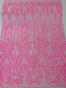 Big Damask Sequins - Candy Pink New - Damask Sequin Design on 4 Way Stretch Fabric By Yard