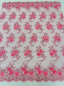 Floral Fabric - Candy Pink - Sold By Yard Embroidered Roses With Sequins on a Mesh Lace Fabric
