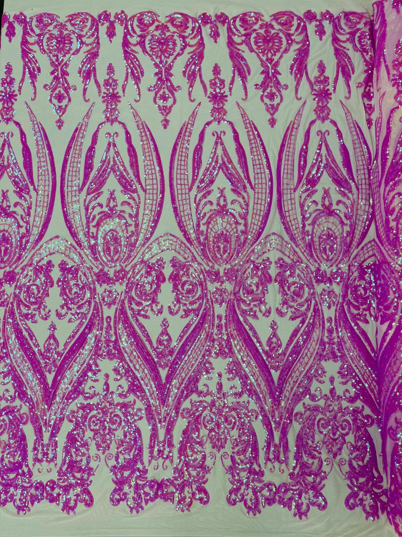 Damask Sequins - Candy Pink - Damask Sequin Design on 4 Way Stretch Fabric By Yard