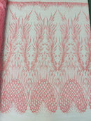 Beaded Embroidered Fabric - Candy Pink - Embroidered Heart and Feather Pattern Fabric Sold By Yard