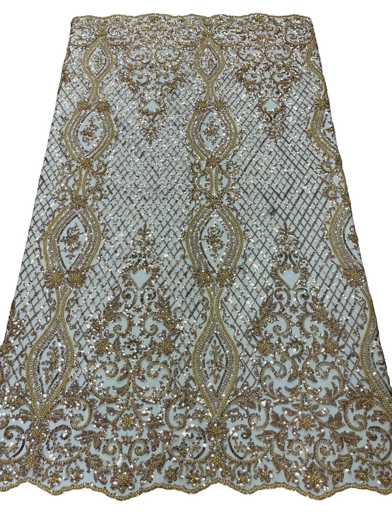 Elegant Damask Beaded Fabric - Champagne - Embroidered Floral Damask Net Fabric Sold By Yard