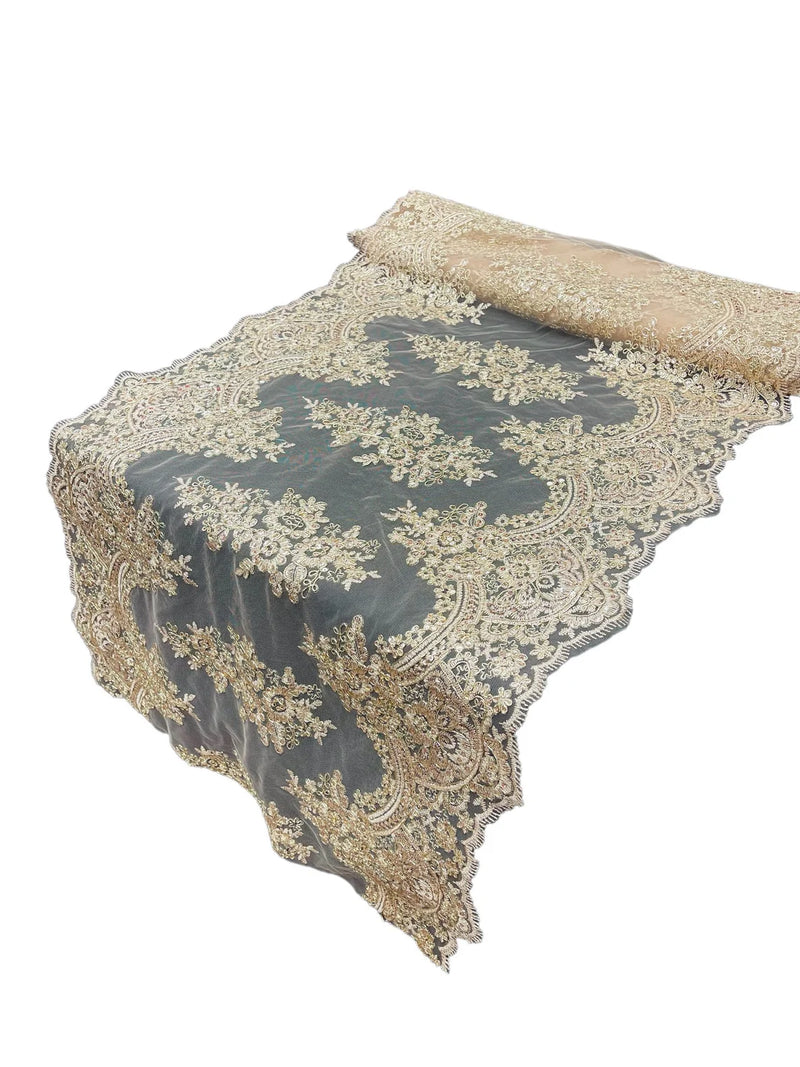 21" Wide Floral Metallic Pattern Lace Table Runner - Champagne - Metallic Table Runner Sold By Yard