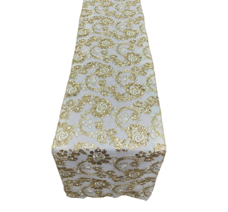 Floral Lace Table Runner - Champagne - 12" x 90" Sequins Floral Lace Table Runner