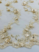 3D Flower Sequin Cluster Design - Champagne - Sequins Embroidered Floral Design on Tulle Sold By Yard