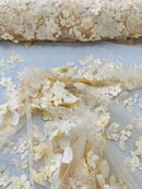 3D Rose Plant Fabric - Champagne - Embroidered Flower Design Rose Fabric Sold by Yard