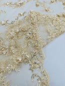 3D Flower Sequin Cluster Design - Champagne - Sequins Embroidered Floral Design on Tulle Sold By Yard