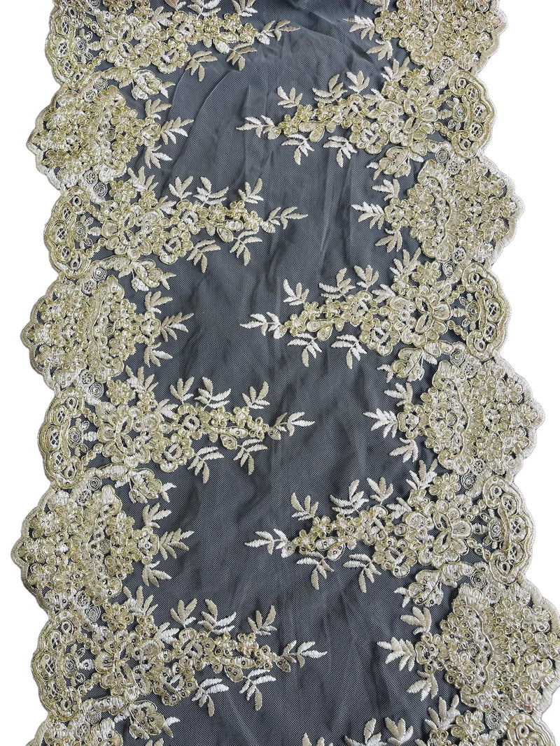 14" Flowers Design Metallic Lace Table Runner - Champagne - Fancy Table Runner for Event Decoration (Pick Color)