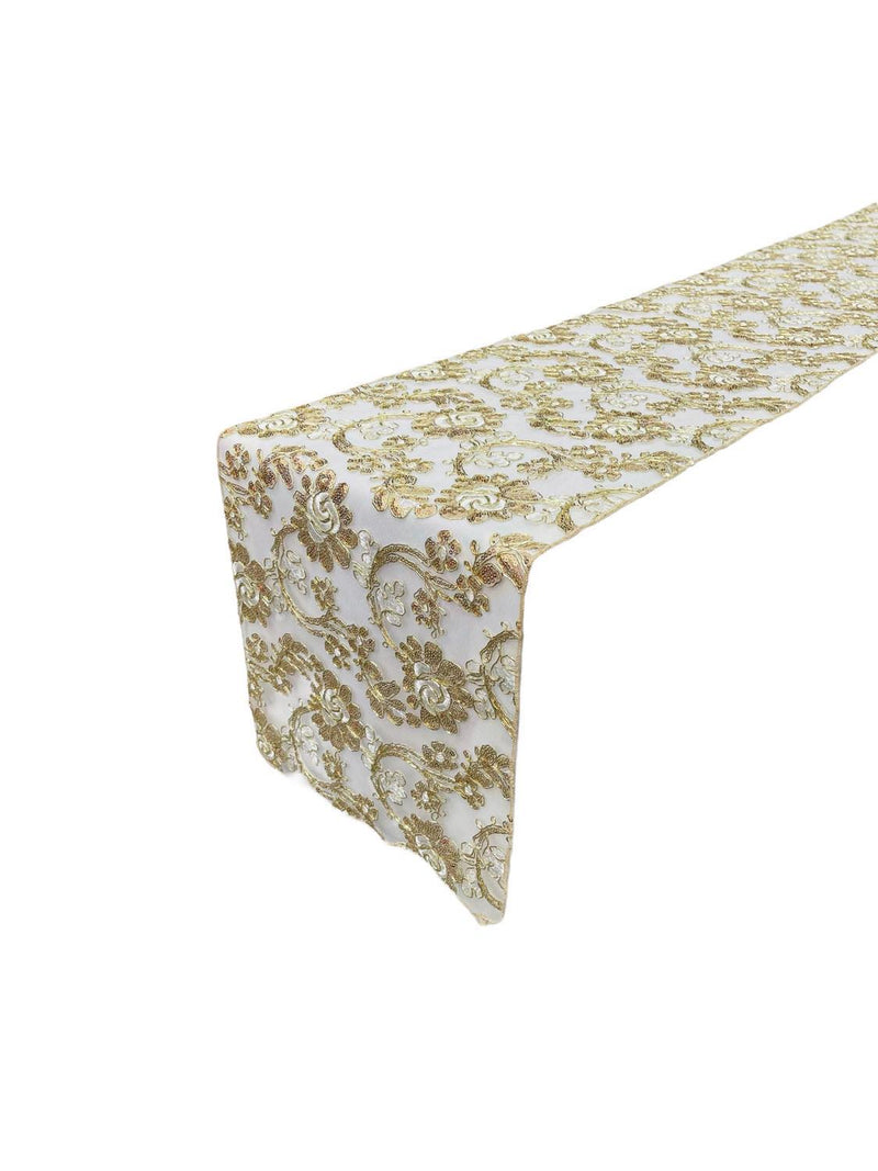 Floral Lace Table Runner - Champagne - 12" x 90" Sequins Floral Lace Table Runner