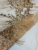 Flower Lines Fashion Design Fabric - Champagne - Embroidered Floral Beads and Sequins Sold By Yard