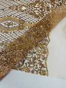 Elegant Damask Beaded Fabric - Champagne - Embroidered Floral Damask Net Fabric Sold By Yard