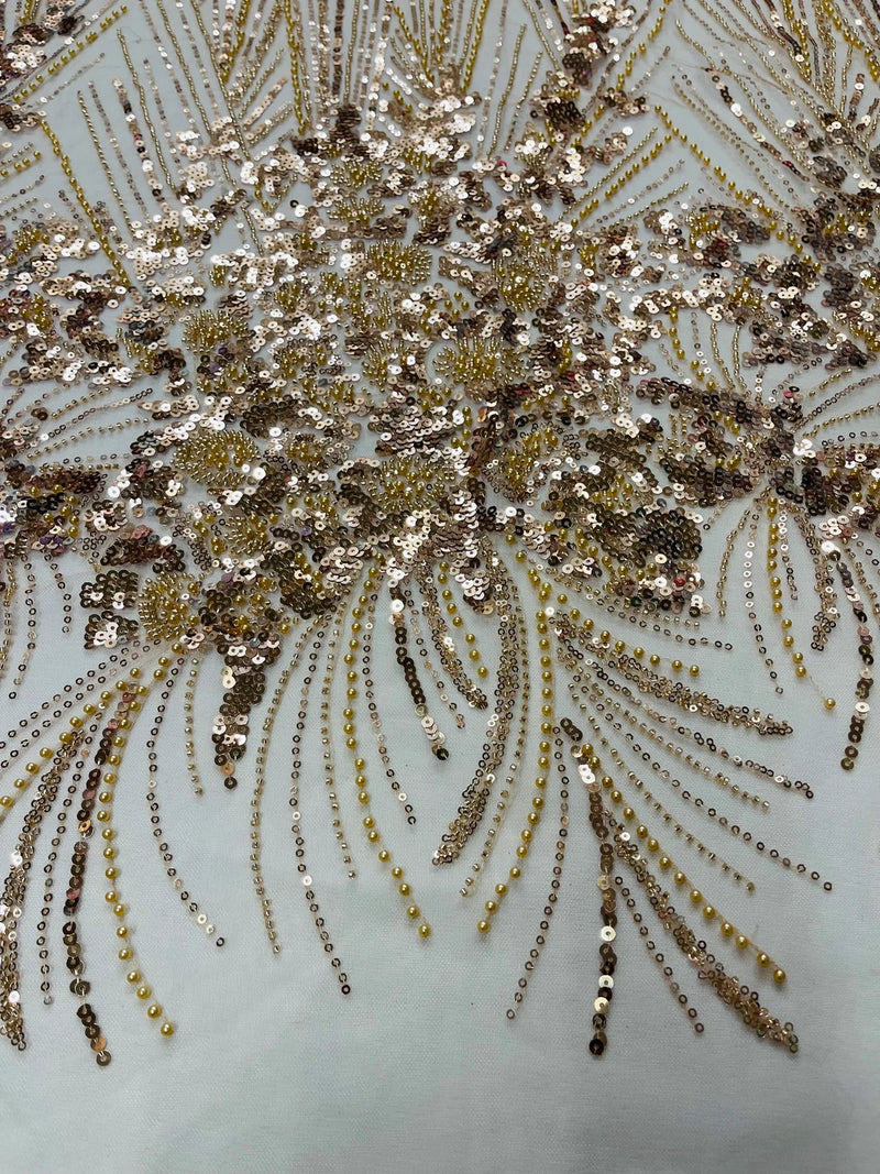 Flower Lines Fashion Design Fabric - Champagne - Embroidered Floral Beads and Sequins Sold By Yard