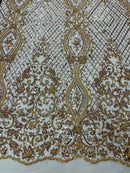Elegant Damask Beaded Fabric - Champagne - Embroidered Floral Damask Net Fabric Sold By Yard