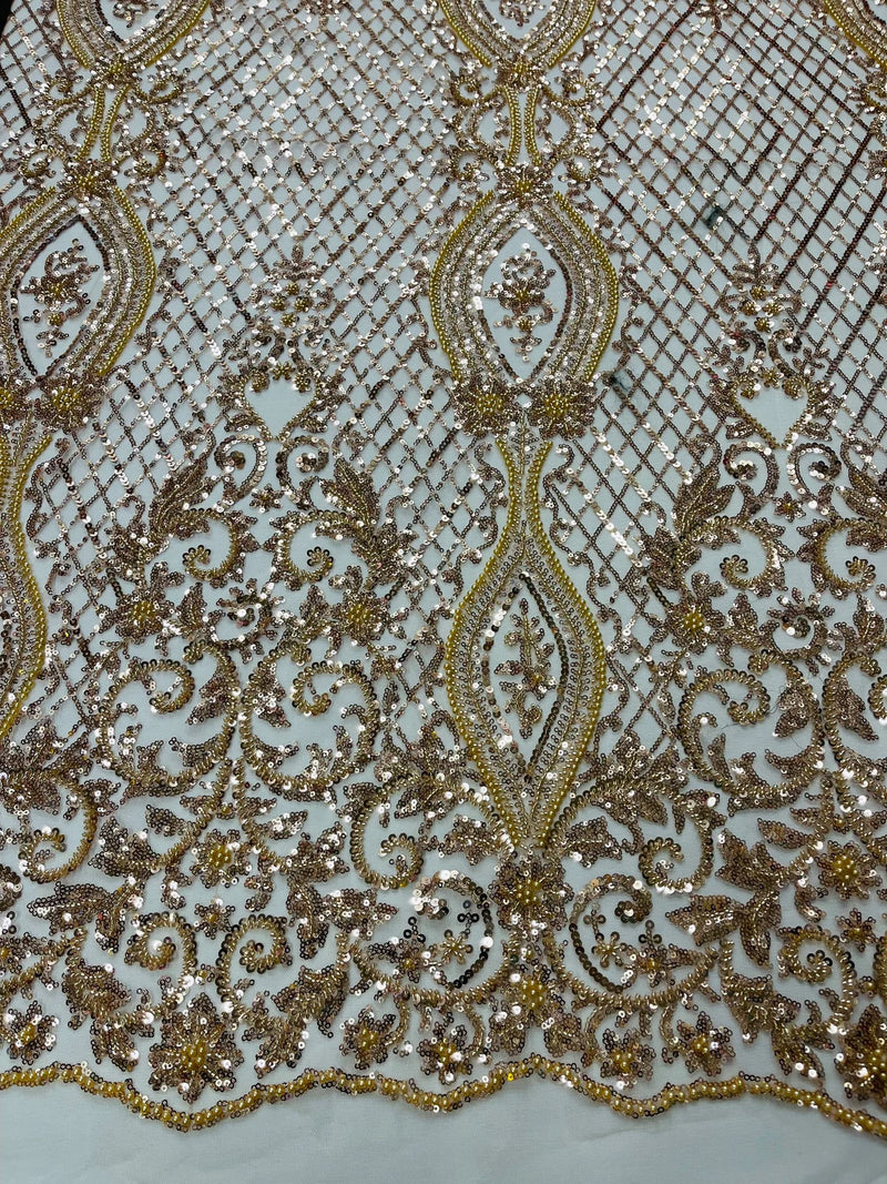 Elegant Damask Beaded Fabric - Champagne - Embroidered Floral Damask Net Fabric Sold By Yard