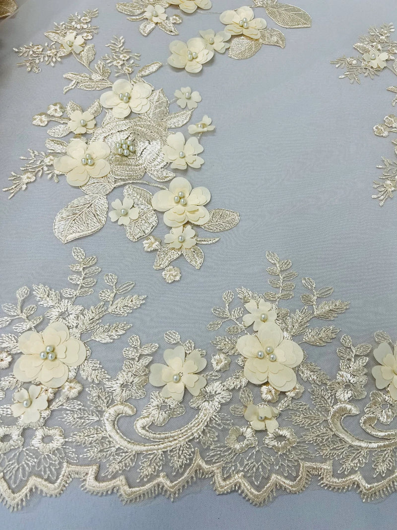 3D Rose Plant Fabric - Champagne - Embroidered Flower Design Rose Fabric Sold by Yard